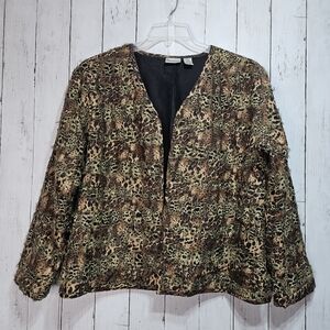 Chico's Women's Animal Print Silk Open Front Quilted Jacket Lined Size 2 (L-12).